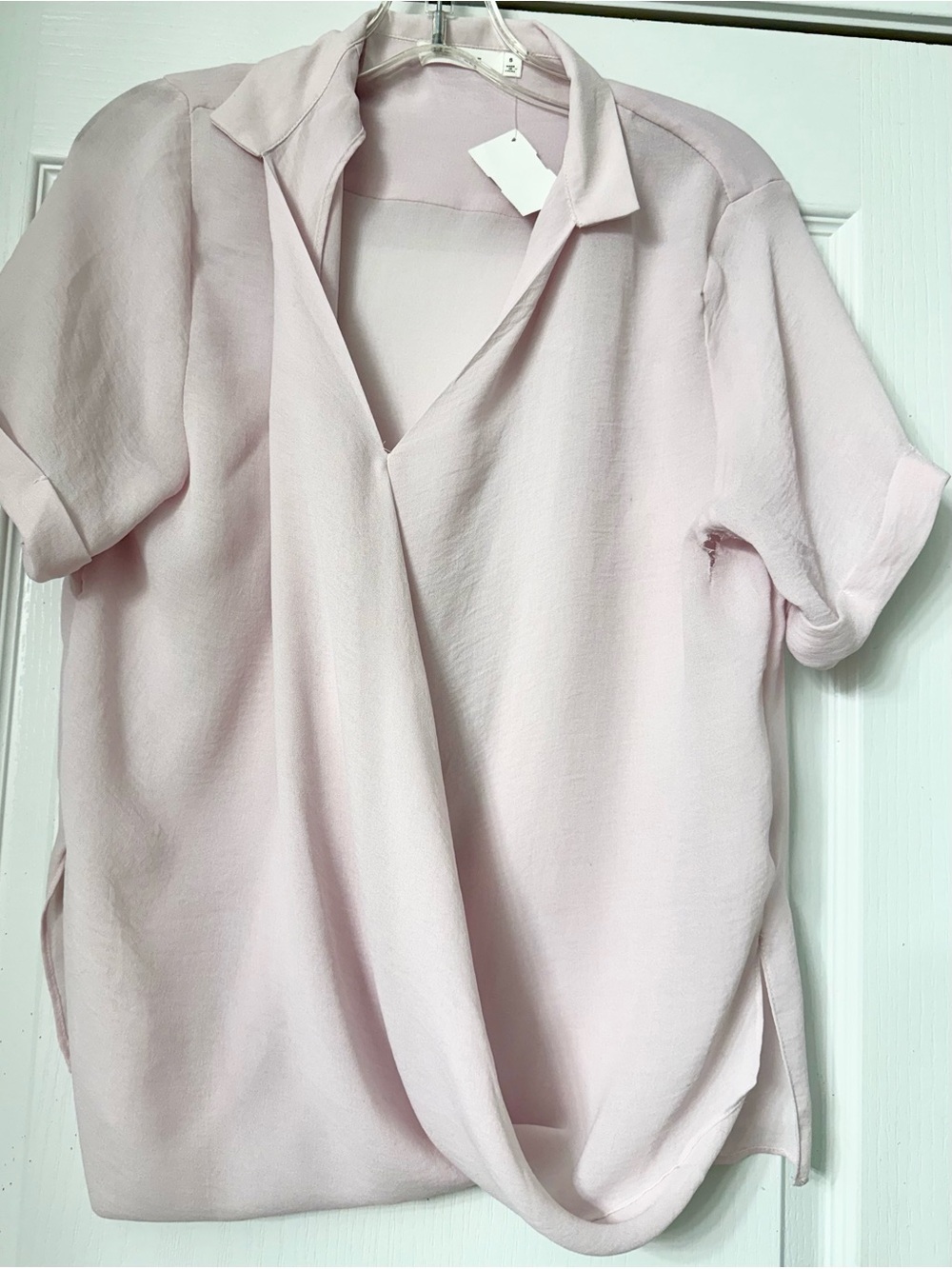 Mod Ref Pale Blush Draped V-Neck Short Sleeve Blouse